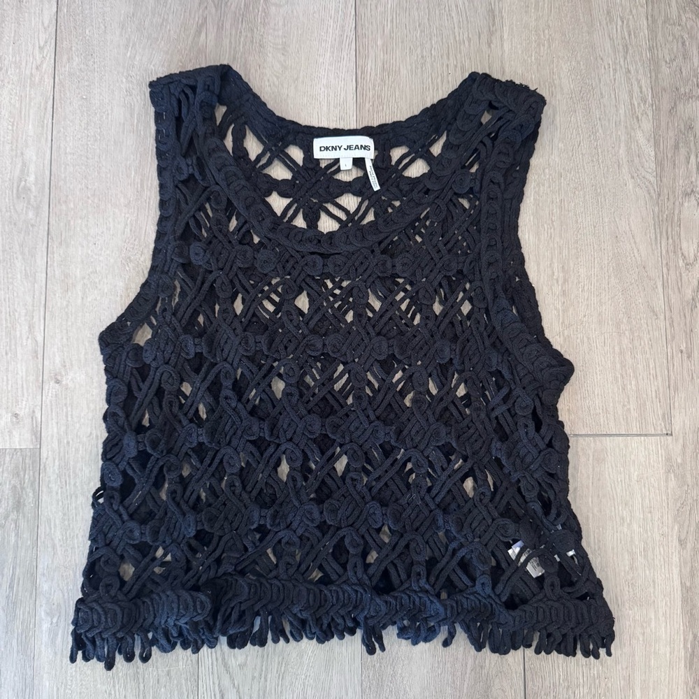DKNY Jeans Cropped Knit Crochet Tank Top Black Size Large Summer Casual Beach